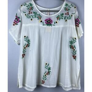 NWT Raga Sz S Sample White Embroidered Gauze SS Side Slit Slv V Slit Peasant Top
